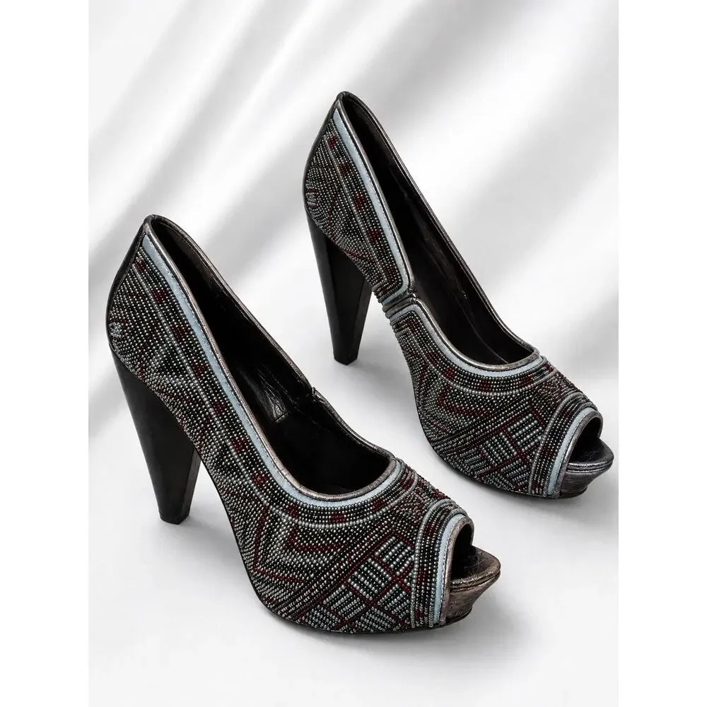 Donald J Pliner Beaded Platform Heels 7.5 M Peep Toe Italy Gray Red Leather
